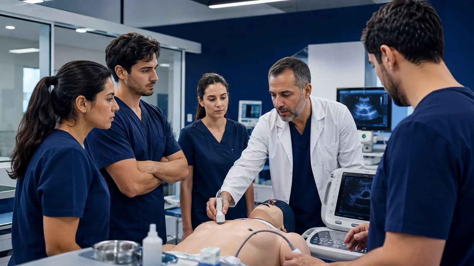 Médicos em treinamento prático supervisionado com simulador clínico