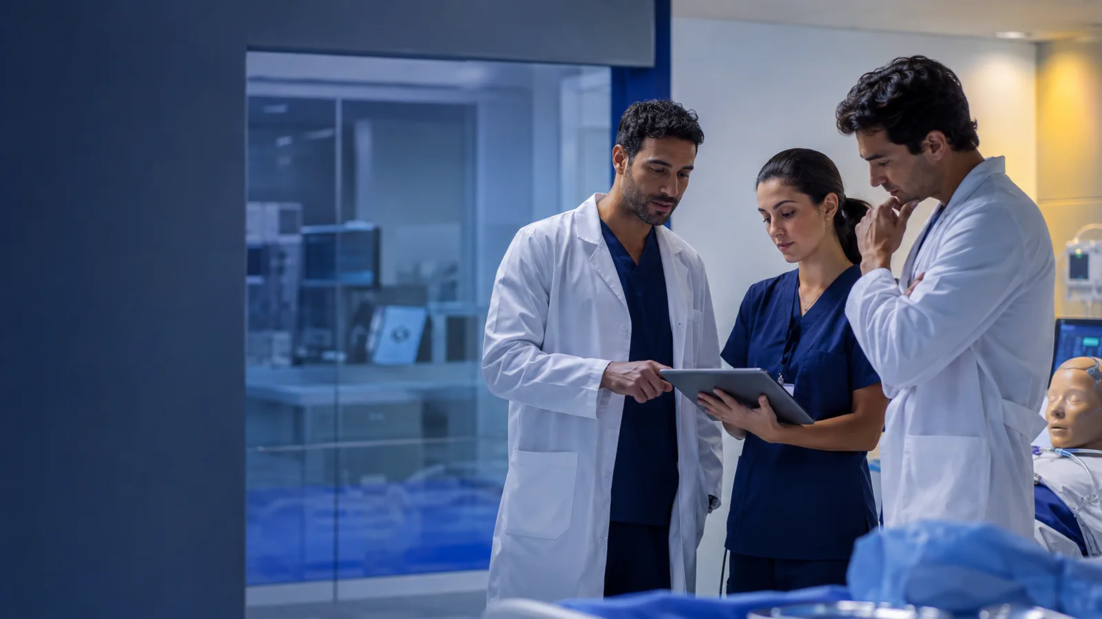 Médicos em uma atividade de estudo e discussão clínica