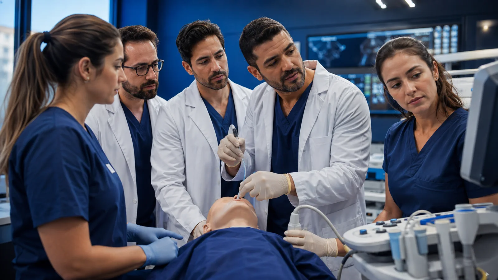 Médicos participando de um workshop prático em ambiente de simulação